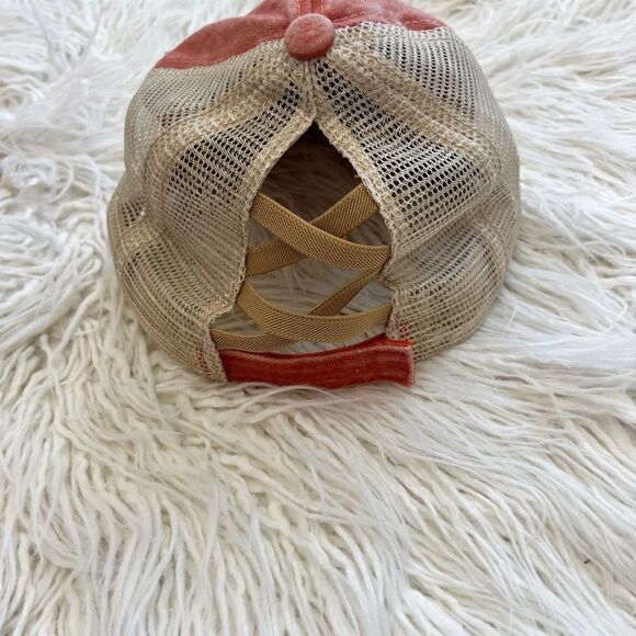 Coral Distressed Cap with Silver Star and Checkered Heart - Picture 5 of 6